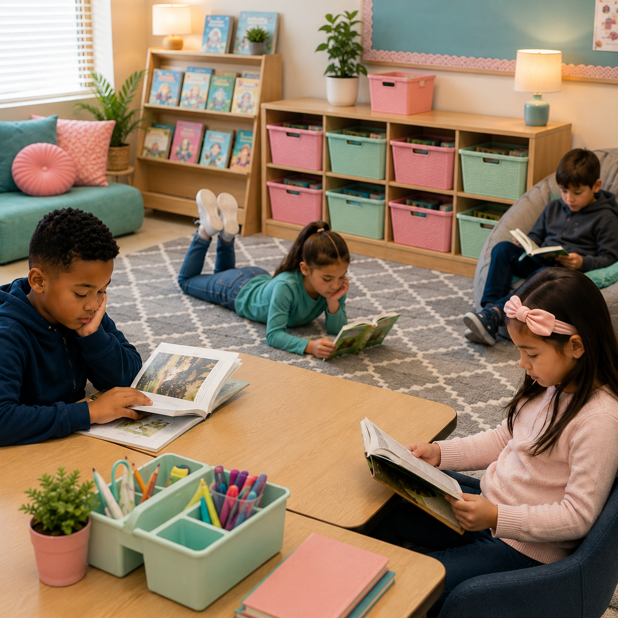 Image shows students engaged in independent reading in a cozy pink and blue themed classroom.